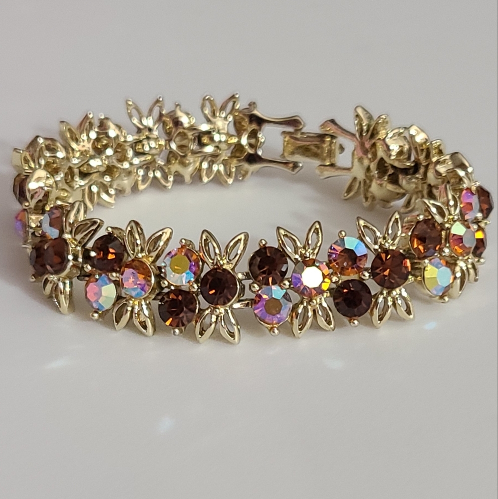 Vintage AB rhinestones bracelet amber brown pink gold lk New! Estate vtg crystal